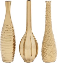 Set Of 3 Deco 79 Ceramic Trumpet Vases, 4&quot;W, 12&quot;H, Gold, With Various Patterns. - $35.37