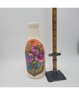 Vintage Hand Painted Pottery Vase White Multu Floral Design Ceramic Long... - $23.03