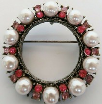 Vintage faux pearl &amp; two tone pink rhinestone circle pin brooch - £12.01 GBP