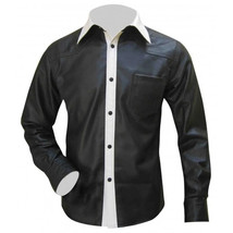 Men&#39;s Black And White Pure Soft Lambskin Leather Leather Shirt Handmade Biker - £84.80 GBP+