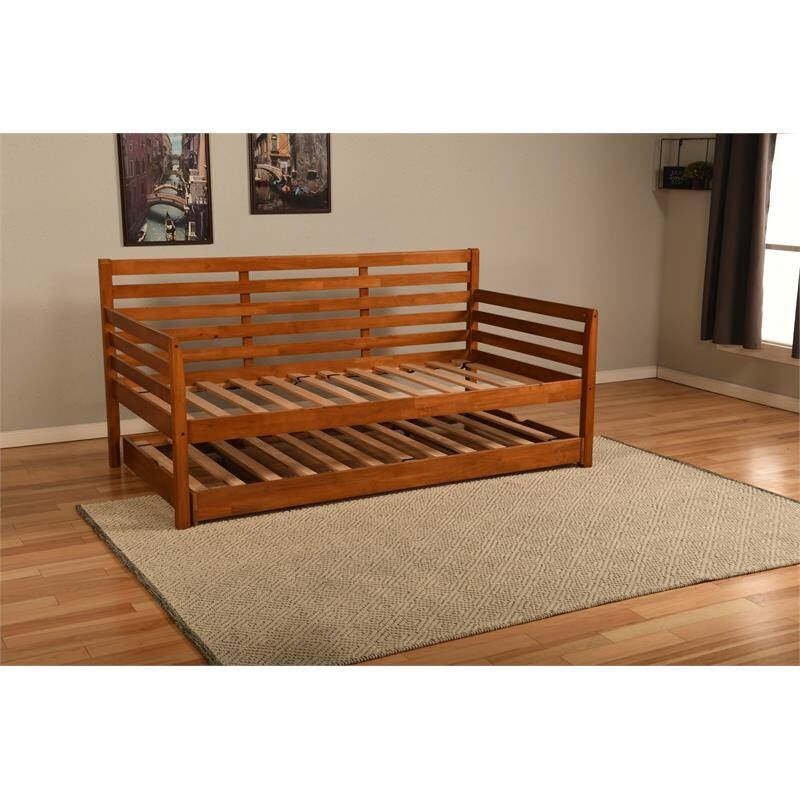 Solid Wood Day Bed Frame With Trundle In Medium Brown Item image 2