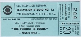 CBS Television Network Studio 72 Ticket Stub The Verdict is Yours July 1959 - £6.35 GBP