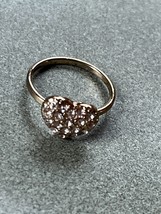 Dainty Thin Goldtone Band w Small Clear Rhinestone Encrusted Heart Ring Size 3 – - £7.50 GBP