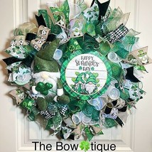 Handmade Happy St. Patrick’s Day Gnome Ribbon Prelit Wreath 22 ins LED W13 - £62.95 GBP