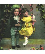 Adorable Children on Swing Boy Girl Flowers Spring Yellow Dress 1909 Pos... - £6.82 GBP