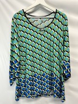 Kim Rogers Tunic Top Knit Blouse 3/4 Sleeve Blue Geometric Keyhole Neckl... - $18.78