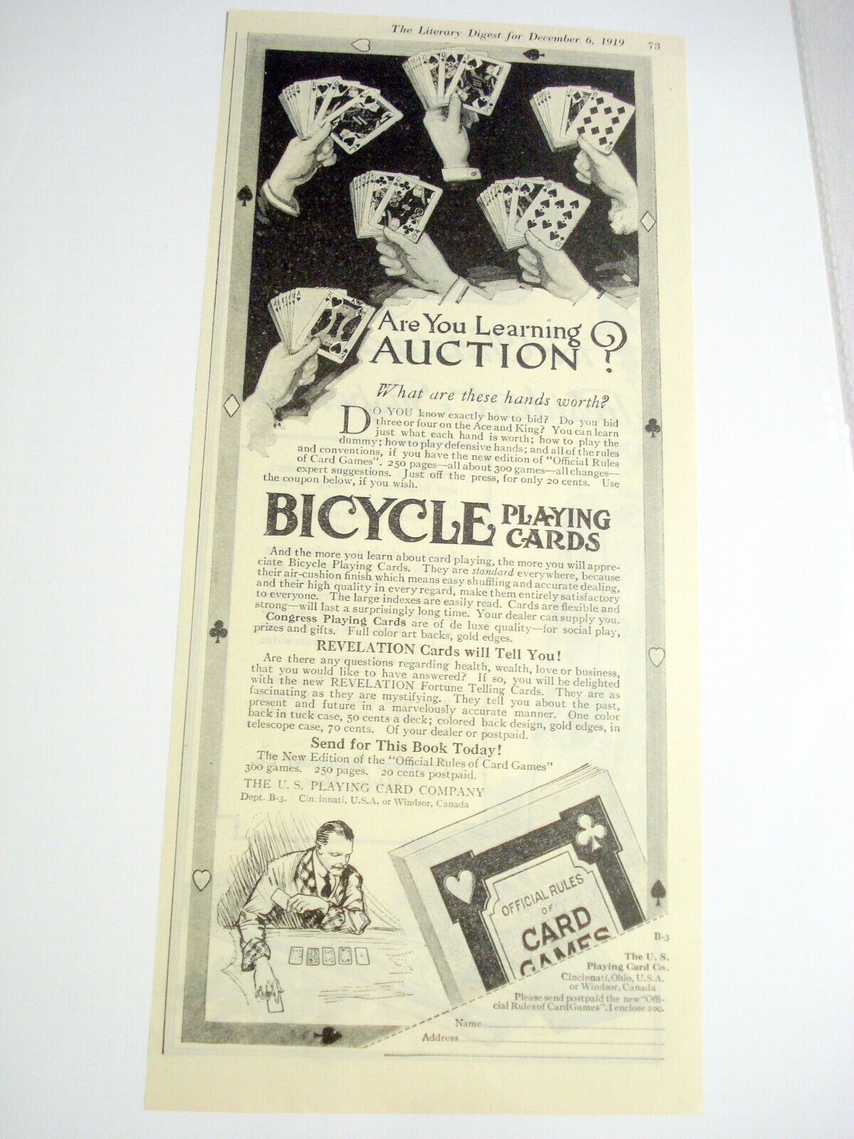Primary image for 1919 Ad Bicycle Playing Cards Are You Learning Auction?