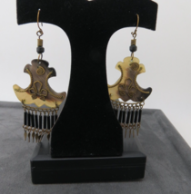 Vintage Boho Dangle Earrings Faux Tortoise Shell Brass Detail Pierced Wire 3.25&quot; - £7.85 GBP