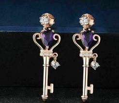 2.1Ct Pear Cut Amethyst &amp; Diamond Antique Key Dangle Earrings 14K Rose Gold Over - £76.37 GBP