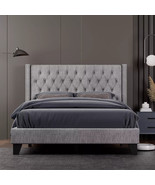 Fabric Linen Kind Bed Frame, with Tufted Upholstered Headboard-grey - $111.25