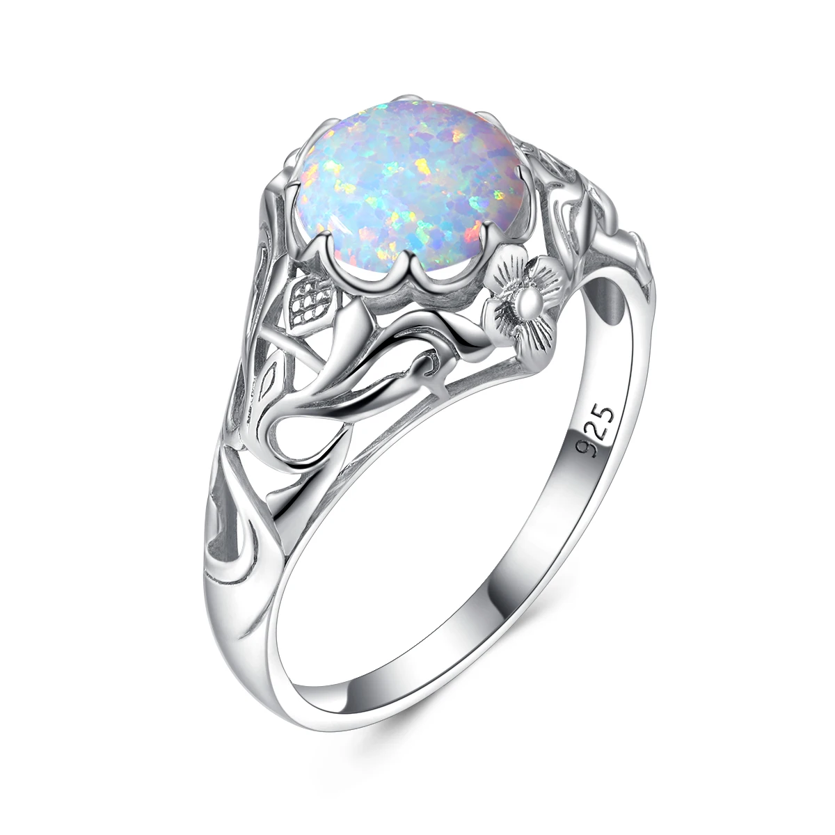 Vintage Real 925 Silver Rings for Women 2ct Round Opal Ring Artistic filigree Ar - £40.05 GBP