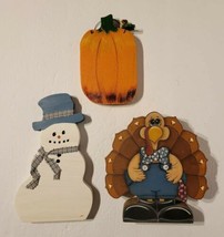 Lot of 3 Hand Painted Seasonal Rustic Decorations Pumpkin Turkey + Snowman EUC - £19.77 GBP