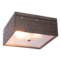 CEILING LIGHT Kettle Black Tin Square Pierced &amp; Seedy Glass in Chisel Pattern - £125.96 GBP