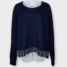 MICHAEL KORS navy chunky knit crewneck sweater with gold studs at bottom... - $37.74