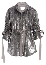 Cinq a Sept Sequin Holiday Jacket X Small Gray $595 Grosgrain Ribbons Drawstring - £107.87 GBP
