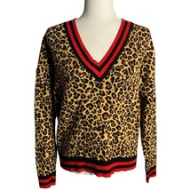 Asos Leopard Print V Neck Sweater 4 Brown Ribbed Knit Sport Trim Long Sleeves - £29.72 GBP
