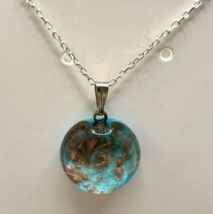 Murano Glass Handmade Turquoise Color Golden Flakes 925 Sterling Silver Necklace - $27.96
