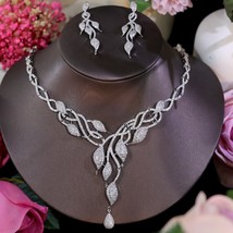 Luxury Vine Flower Pendant Drop Necklace CZ Earring Bridal Wedding Cubic Zirconi - £63.41 GBP