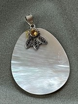 Large Oval Thin Mother of Pearl w Three Small Silver Leaves &amp; Yellow Rhinestone - £19.26 GBP