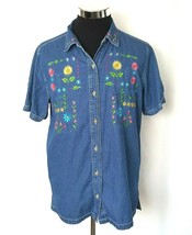 Bobbie Brooks Blouse  Womens  14W to 16W Cotton  Blue Denim Embroidered Flowers - £9.69 GBP