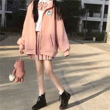 QWEEK Soft Girl Kawaii Pink Zip Up Hoodies Women Japanese Harajuku  Print Long S - £53.05 GBP