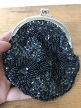 Vtg 30s Black Hand Seed Beads Micro Glass Beaded Sequins Small Coin Purse Clutch - £28.89 GBP