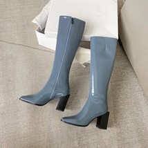 Patent leather knee high boots women side zipper block heel shoes square toe long boots thumb200