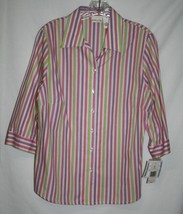 Kim Rogers Petite 12 P Blouse Pink Purple Green Striped Shirt 3/4 Sleeve... - $10.95