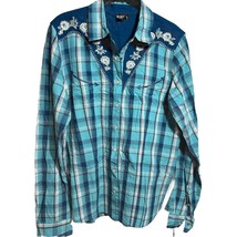 Cruel Girl Turquoise Blue Plaid Lightweight Pearl Snap Western Shirt Rodeo Large - $22.20