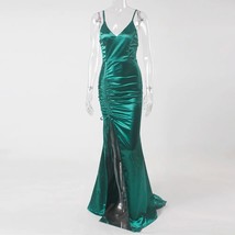  Emerald Green Drawstring Ruched Floor Length Evening Dress Stretch Satin V Neck - £102.82 GBP