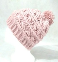 Beanie Hat women Handmade Crochet Winter Knit Lace Pink Rose Pompom - £18.68 GBP
