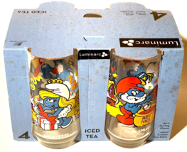 New Vintage Set of 4 1983 Smurf Glasses Papa Smurf &amp; Smurfette Luminarc Tumblers - £47.20 GBP