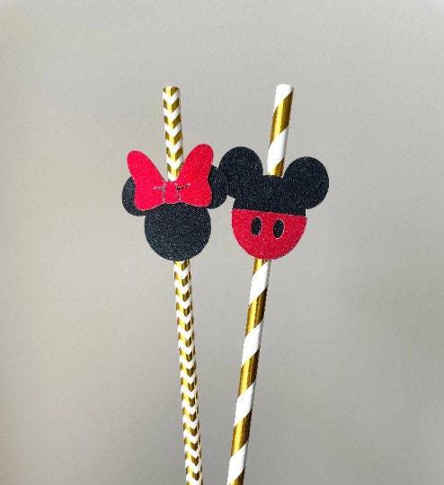 Custom Mickey &amp; Minnie Mouse Paper Gold Straws | Mickey Mouse Straws | M... - $6.50