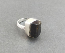 Silver Black Tourmaline Ring, Brass Rhodium Plated Ring, Bezel Set Ring, Handmad - £15.15 GBP