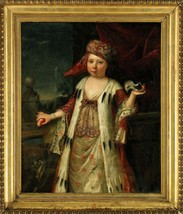 Antique 18C French oil painting on canvas portrait of noble girl w peach and cat - £23,087.49 GBP
