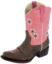 Kids Brown Leather Cowboy Boots Western Wear Pink Floral Pointed Toe Youth - £43.24 GBP