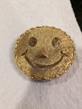 Smiley Happy Face Gold Tone Rhinestone style Eyes 1970’s Pendant Brooch - $16.99