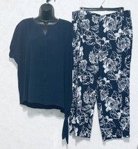 Chico&#39;s 2 Piece Size 2 Pullover Crinkle Navy Top Navy White Floral Crop Pants - £64.21 GBP