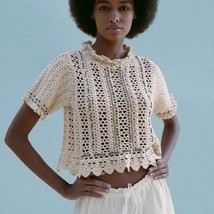 Zara Crochet Knit Short Sleeve Crop Top Tan Small - £27.54 GBP