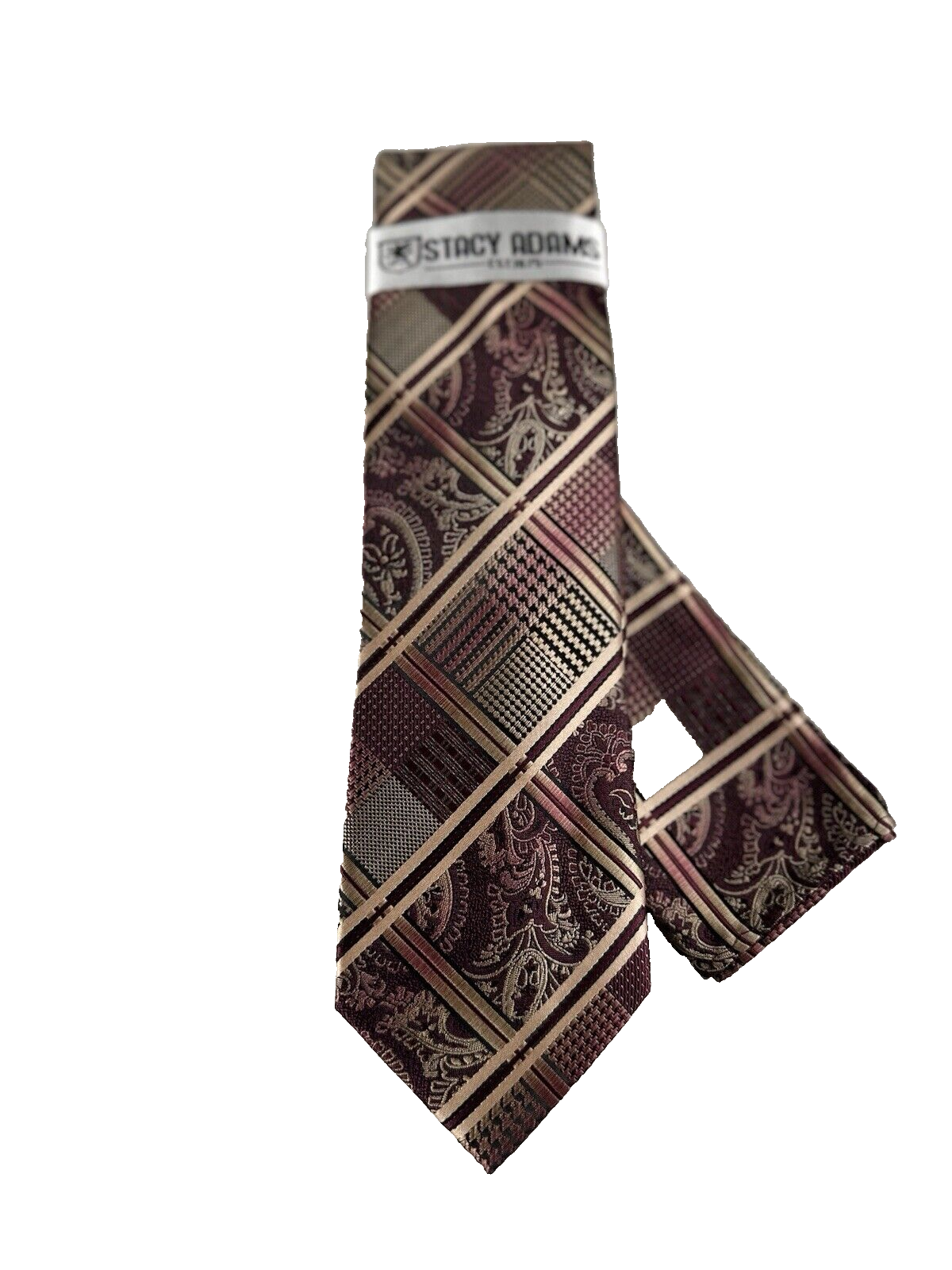 Stacy Adams Men's Tie & Hanky Burgundy Black Beige Paisley Striped 3.25" Wide