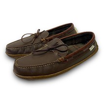LL Bean Womens Brown Leather Flannel Lined Slip On Slippers Moccasins Size 11 M - £28.46 GBP