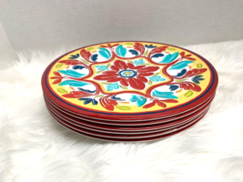 Bobby Flay Lot of 6 Hard Plastic Melamine Dinner Plates Floral Red Turqu... - $47.51