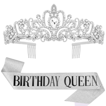 Sliver Sash Rhinestone Tiara Set for Women ,HAPPY Birthday Queen Sash Quinceaner - £14.12 GBP