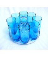 Clear Glass Drink Holder With Center Handle &amp; 8 Flair Laser Blue Tumbler... - £43.91 GBP