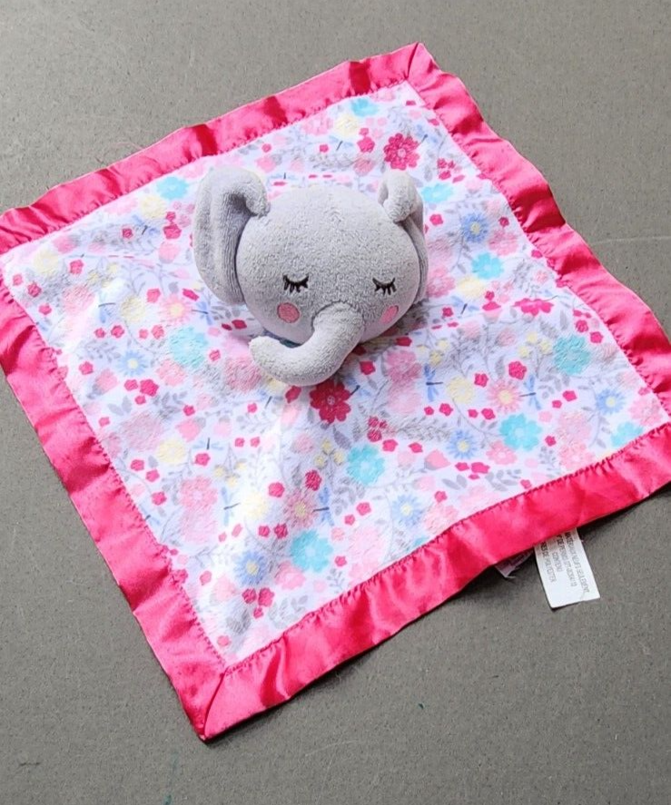 Parents Choice Gray Elephant Floral Security Blanket Pink Satin Trim Lovey Wubby - $21.84