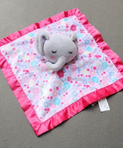 Parents Choice Gray Elephant Floral Security Blanket Pink Satin Trim Lov... - $21.84
