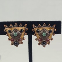 Vintage Michal Golan Rare Copper Clip On Earrings Signed Multicolor Round Stones - £17.64 GBP
