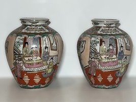 Set 2 Vtg Enameled Chinese Famille Porcelain Vases Qianlong Period Red Mark Base - £146.05 GBP