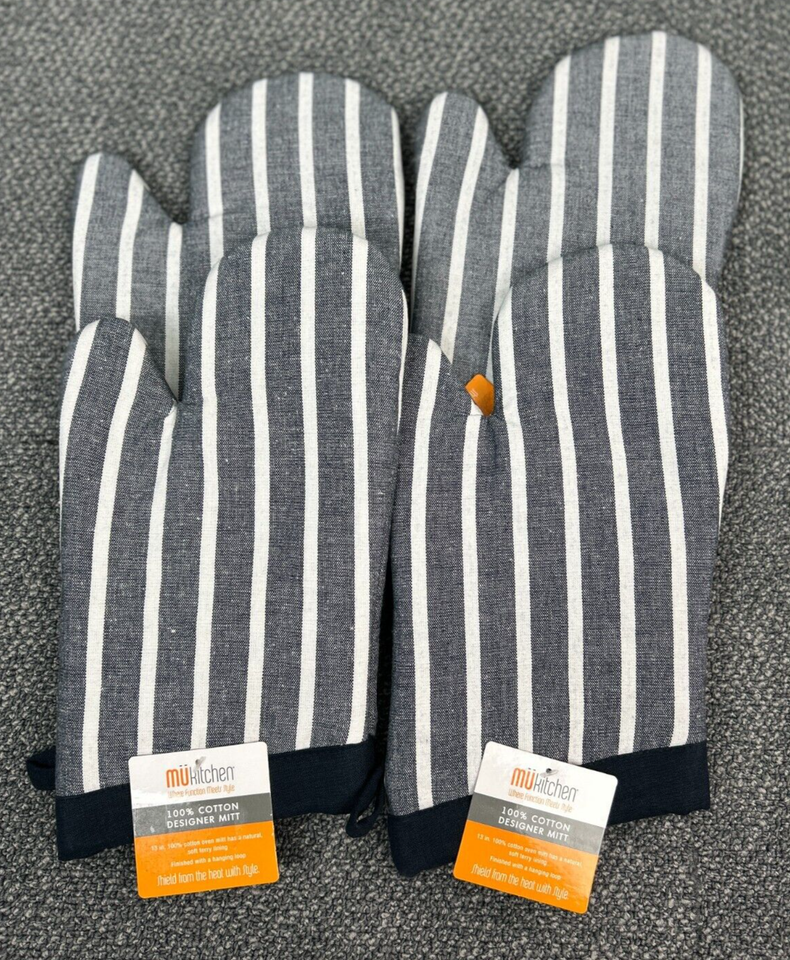 MU Kitchen Oven Mitt 2 Pair 4 Gloves Pinstripe Onyx Cotton Thick Terry L... - $22.97