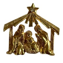 Vintage Nativity Scene Christmas Gold Tone Rhinestone Lapel Pin Brooch - $17.32